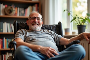 Fototapeta premium Relaxed Senior Man in Comfortable Chair at Home, Perfect for Aging in Place Concepts, Retirement Living, and Senior Care Advertisements