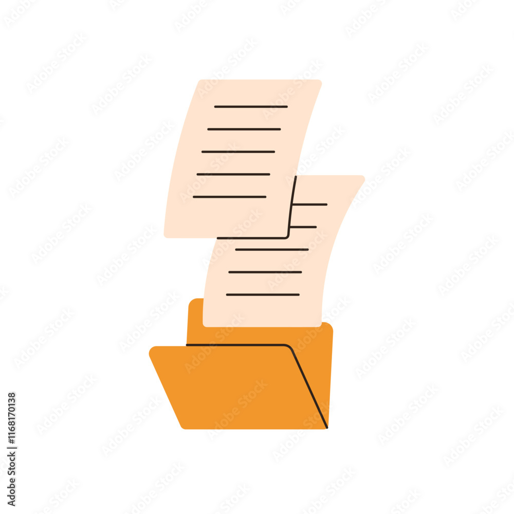 Poster File folder. Open binder, directory with business documents. Information and data archive storage. Saving reports, keeping records, paperwork. Flat vector illustration isolated on white background