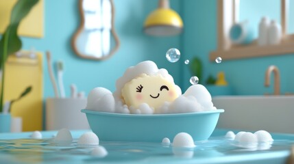 Cute cartoon soap bar with smiling face is in the bathtub, surrounded by bubbles, the joy of routine for children the importance of maintaining cleanliness and health