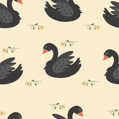 Black swans swimming amongst floral patterns on a soft beige background