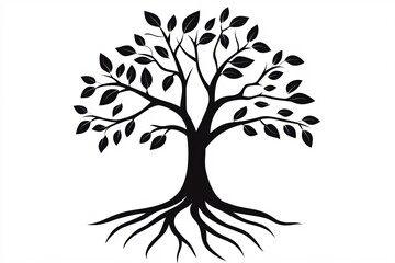 Elegant silhouette of a tree with leaves and roots on a white background