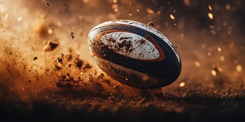 Mud-splattered rugby ball rolling on field.