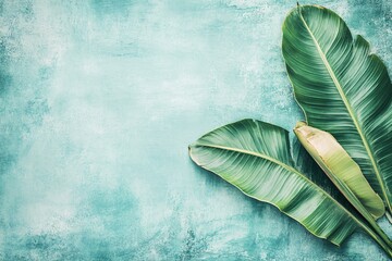 Green Tropical Leaves on Textured Mint Background for Nature and Wellness Themes