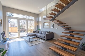 Fototapeta premium Modern living room with floating staircase, large window, and comfortable seating.