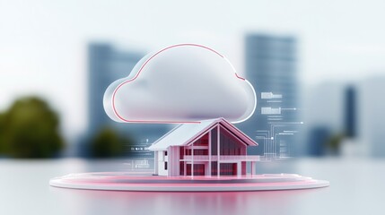 Cloud computing concept with a house model and cloud icon.