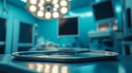 Surgical instruments on a tray in an operating room.