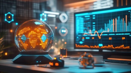 Global network data visualized on a glowing orb on a desk with a computer displaying financial charts.