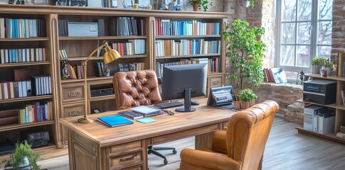 Elegant Home Office: Wooden Desk, Leather Chairs, and Bookshelves