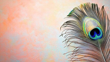 Fototapeta premium Vibrant Peacock Feather on Pastel Textured Background Elegant Nature Design Element