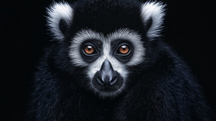Naklejka premium A black-and-white lemur with striking orange eyes on a dark background