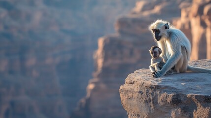 Obraz premium Mother monkey and baby on rocky cliff edge, overlooking vast canyon landscape at sunrise.
