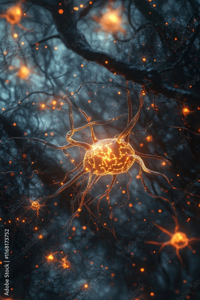 Poster glowing neuron cell network.