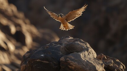 Obraz premium A falcon in flight, landing on rocks.
