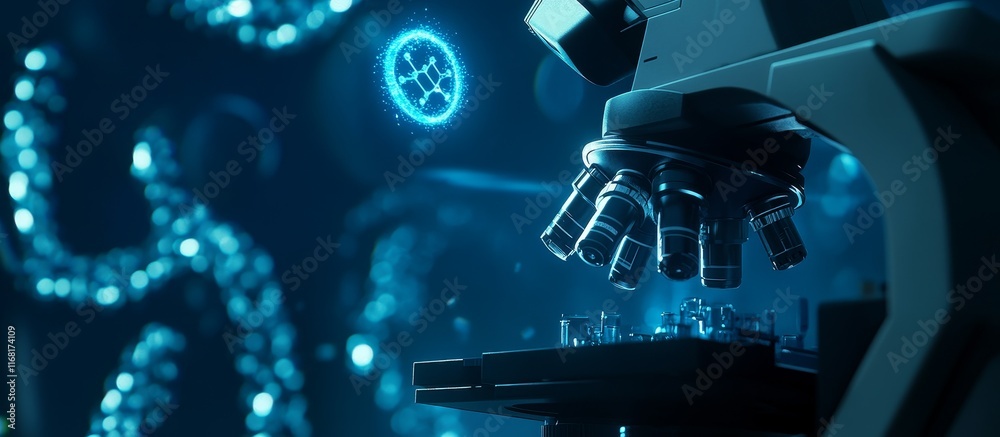 Poster microscopic analysis of dna strands in a science lab.