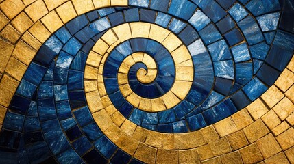 Naklejka premium Mosaic abstract background idea. A vibrant mosaic with blue and gold tiles forming a spiral pattern, showcasing art.