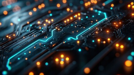 Obraz premium Abstract digital circuit board with glowing lights and intricate patterns