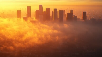 Fototapeta premium Golden sunrise cityscape shrouded in fog, aerial view of skyscrapers emerging from clouds. Breathtaking urban scene at dawn.