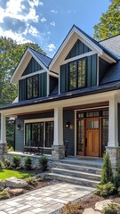 Modern farmhouse with white trim, and a natural wood front door.