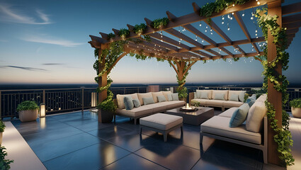 Obraz premium A stunning 3D render of a rooftop apartment patio with a pergola, illuminated by the serene hues of twilight.