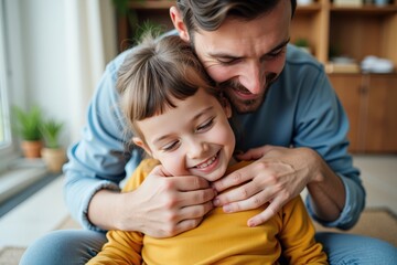 Obraz premium Heartwarming Father and Daughter Bonding Moment in Cozy Living Room Perfect for Family and Parenting Themed Products