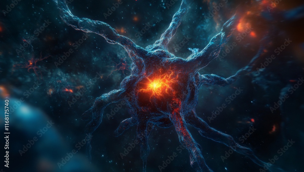 Poster glowing neuron cell in dark space.