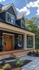 Fototapeta premium Modern farmhouse with white trim, and a natural wood front door.