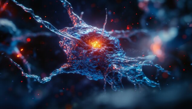 Glowing blue cell with fiery core, intricate tendrils.