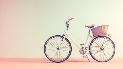 Fototapeta premium Elegant Cream Bicycle with Wicker Basket Pastel Background Summer Ride