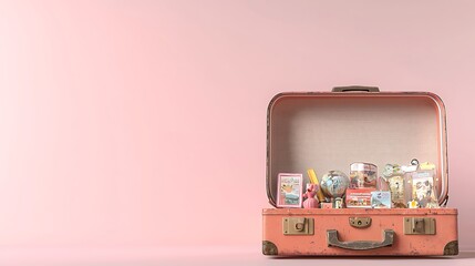 Vintage Pink Suitcase Filled with Travel Souvenirs and Memories
