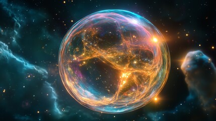 Obraz premium A glowing cosmic bubble expanding through space, vividly lit by ionized particles and light.