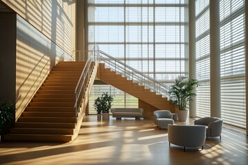 Obraz premium Modern office interior with wooden staircase, large windows, and comfortable seating area. (2)
