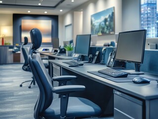 Modern Office Workspace: Sleek Desks, Ergonomic Chairs, Serene Atmosphere