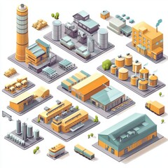 Obraz premium Industrial Complex with Factories, Silos, and Storage Units in Bright Colors and Isometric View