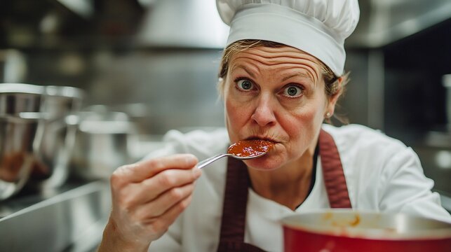 Female chef tastes tomato sauce in a restaurant kitchen.