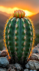 Sunset illuminating a blooming barrel cactus in a rocky desert landscape.
