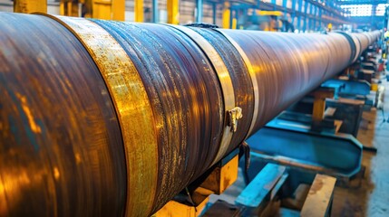 Large Metal Pipeline in Industrial Facility with Warm Lighting and Texture Details