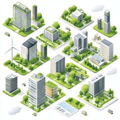 Aerial View of Modern City Layout with Green Spaces, Buildings, Roads, and Wind Turbine for Urban Planning and Design