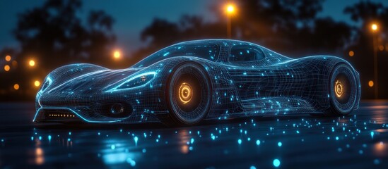 Futuristic Car Design in Neon Wireframe with Soft Blue Lighting