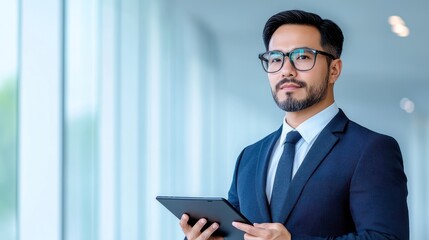 Businessman holding a tablet in a modern office setting.