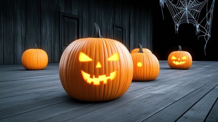 Obraz premium Spooky Halloween scene with glowing jack-o'-lanterns.