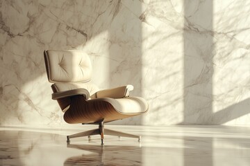 A mid-century modern armchair sits in a sunlit room with a marble wall.