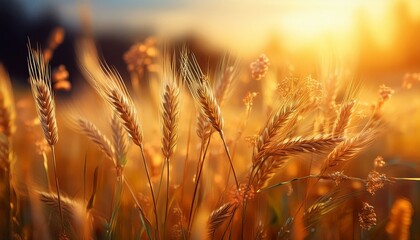 Fototapeta premium Close up meadow with golden herbal wheat on a blurred background. Clearing with wild grass, golden wheat field at sunset.