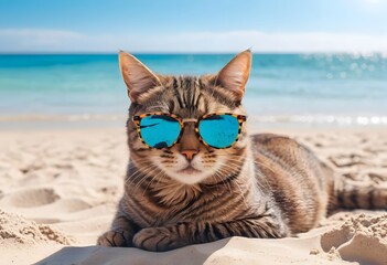 Obraz premium Cat with sunglasses chilling on the beach. Vacation, holiday mood, 