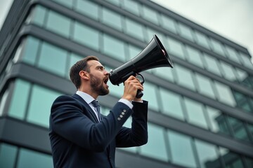 Businessman using megaphone in front of modern office building, perfect for marketing and advertising campaigns..