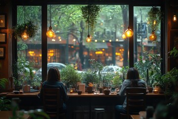 Friends enjoying coffee in a cozy cafe atmosphere with warm lighting and blurred backgrounds