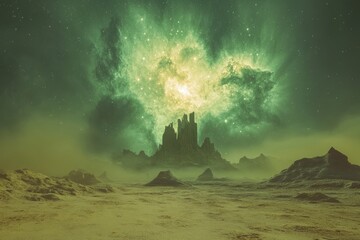 Alien landscape with a towering rock formation under a vibrant green nebula and starry night sky.