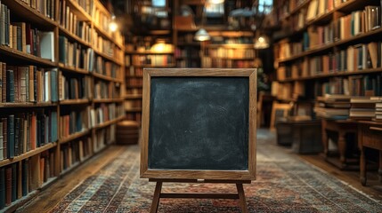 Cozy library with wooden shelves warm lighting and blank chalkboard for personalized messages
