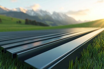 Detailed View of Metal Bars on Green Grass with Scenic Mountain Background at Sunset