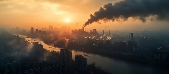 Fototapeta premium Sunset Over Industrial Cityscape: A Panorama of Pollution and Urban Development