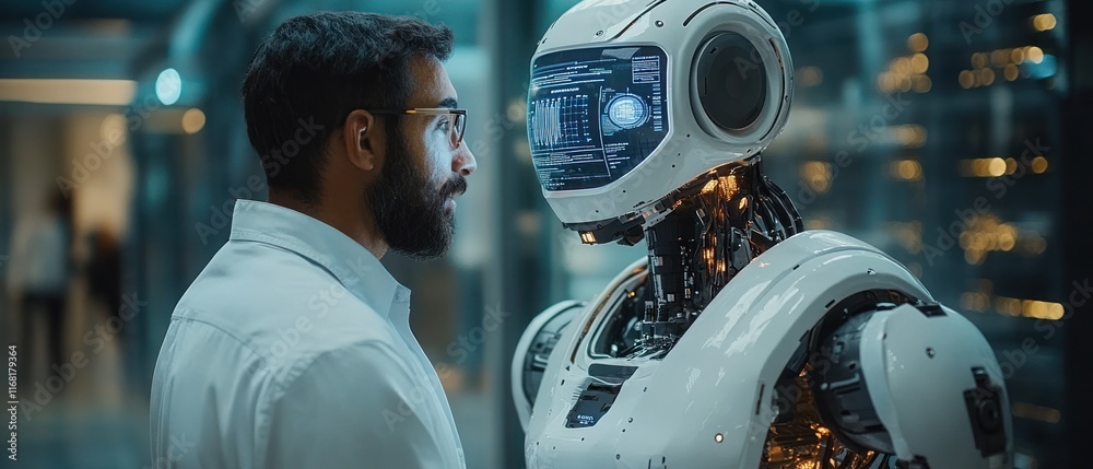 Poster man interacting with humanoid robot in futuristic setting